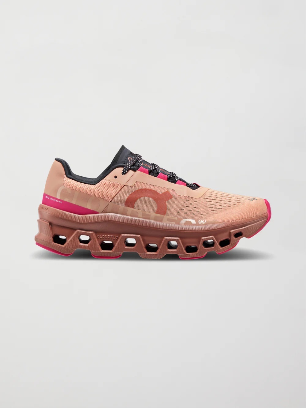 On Running Women's Cloudmonster in Peach and Hot Pink